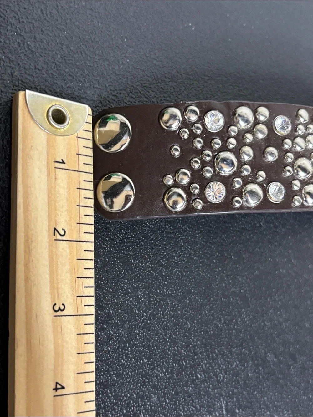 Studded Brown Leather Cuff Bracelet with Clear Crystals